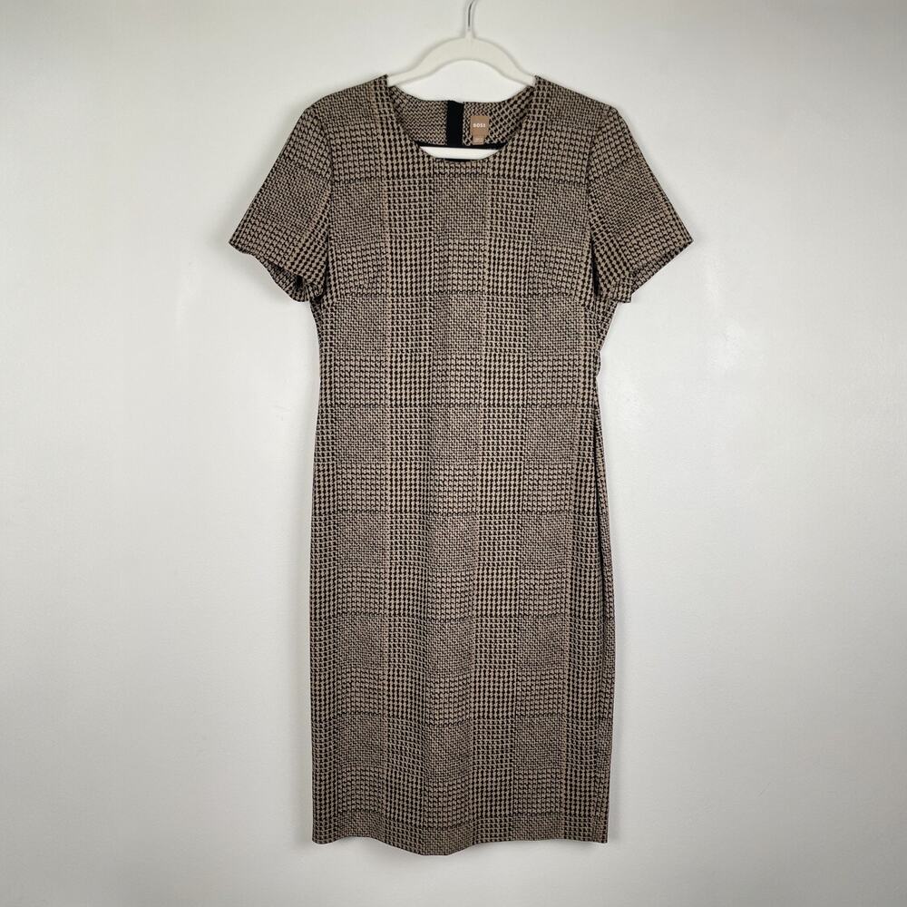 Hugo Boss Dixetta Sheath Midi Dress Brown Black Houndstooth US 8 Short Sleeve